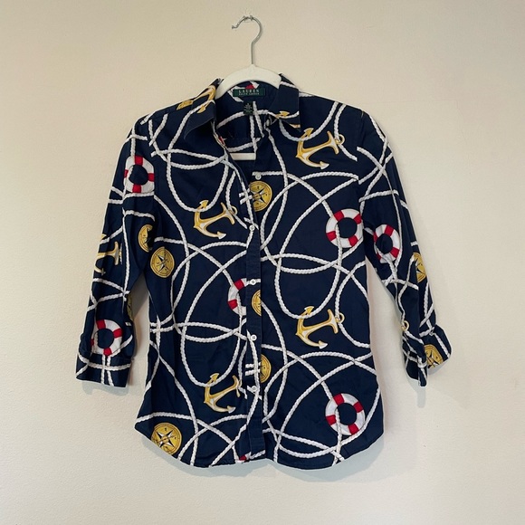 CLOSING SALE! Lauren Ralph Lauren Navy Print Blouse S Women - Picture 5 of 7